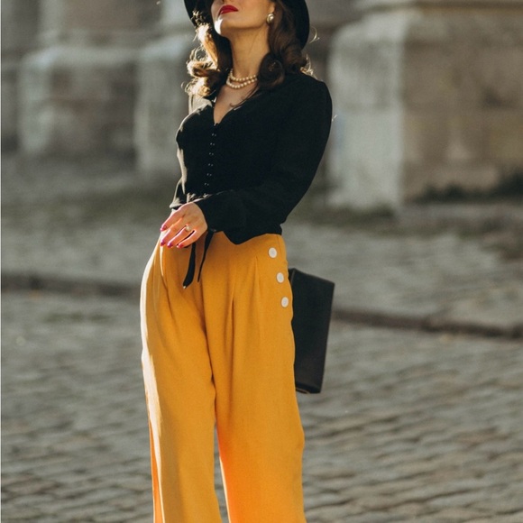 SOLD Retro Pants 40s Style Gold Wide Leg M L UK 12 Seamstress Of Bloomsbury - Picture 4 of 10